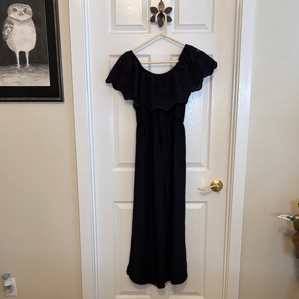 Lulus Elegant Black Ruffled Off-Shoulder Ankle-length Romper size Small